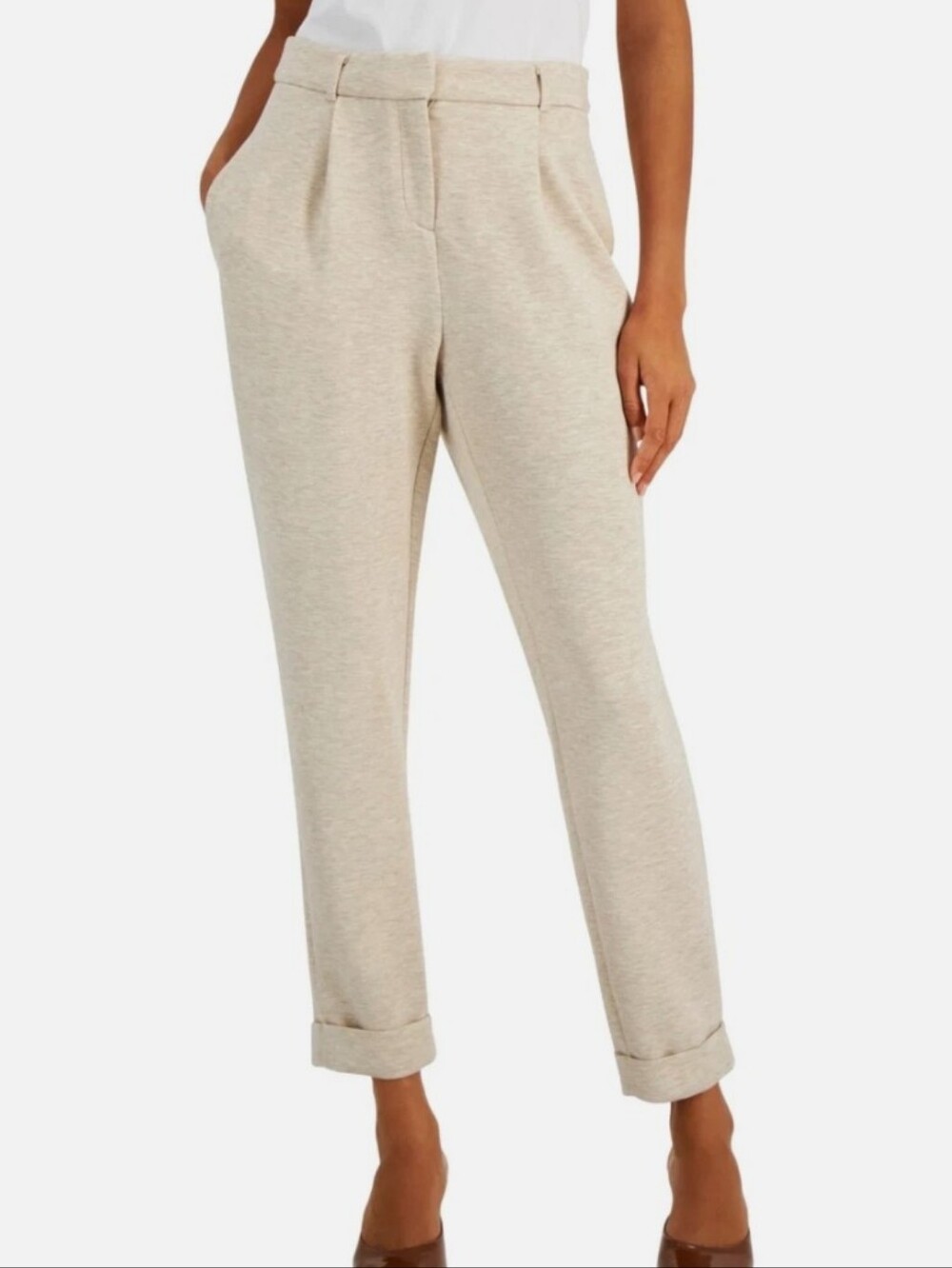 Alfani Womens Cuffed Pleated Soft Trousers Pants Serene Beige